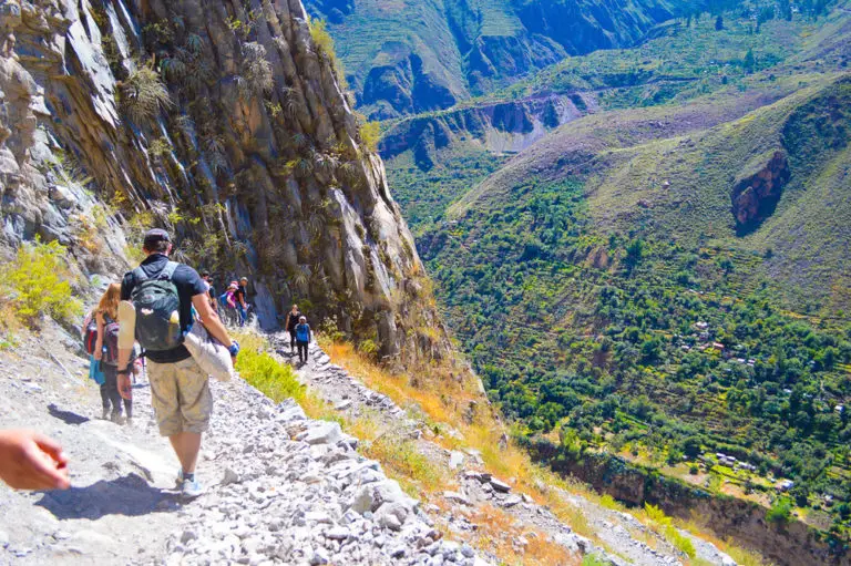 steep gravely path down the colca canyon in peru