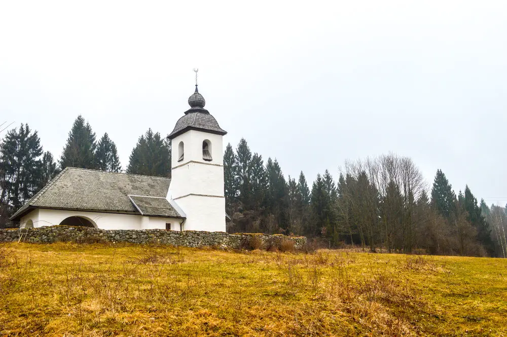 A white church on a hill next to a forest