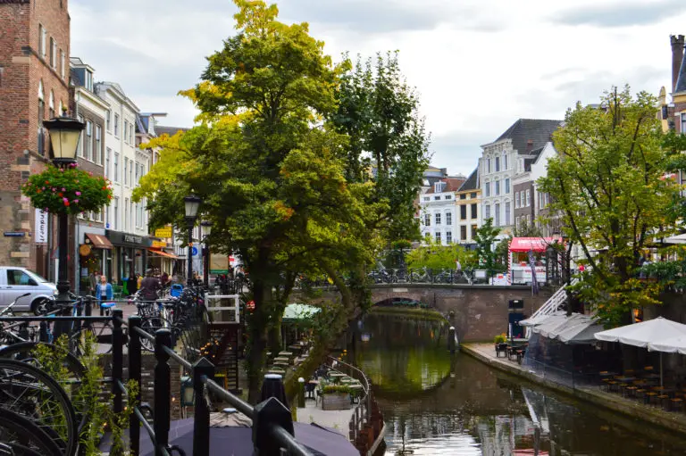 Utrecht canal surrounded by shops