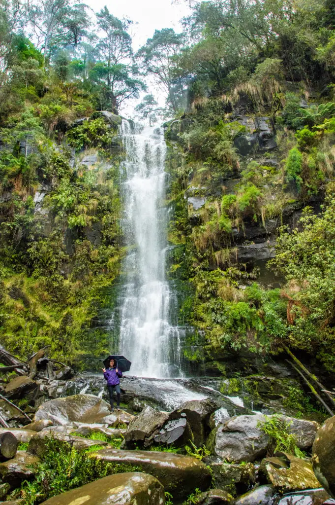 tall waterfall with jungle ferns and girl standing with an umbrella