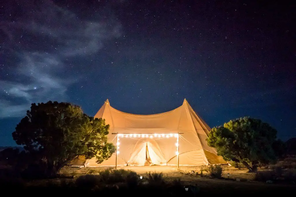 large glamping tent at night in Victoria Australia