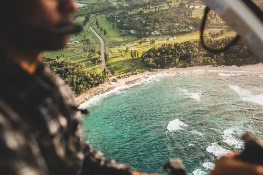 looking out the window from a helicopter cab