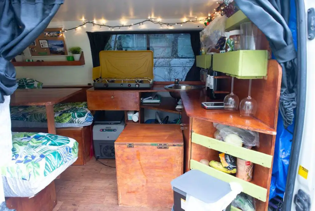 concealed toilet in DIY campervan conversion