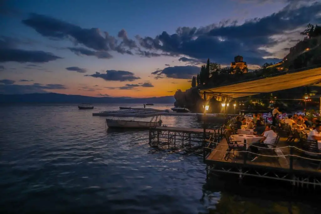 waterfront dining at sunset in Macedonia