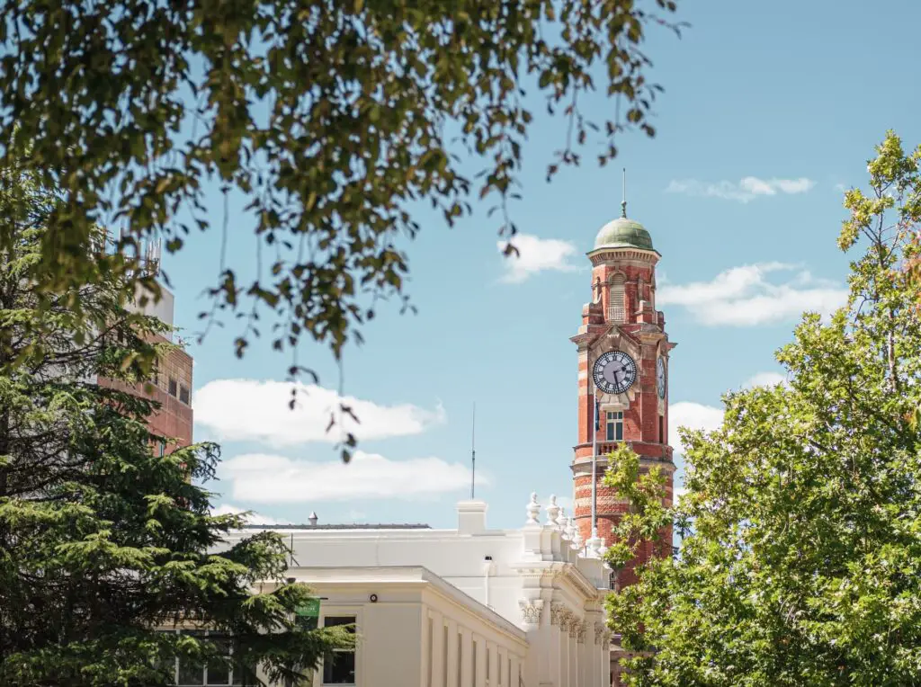 clock tower and free foliage in Launceston, Tasmania