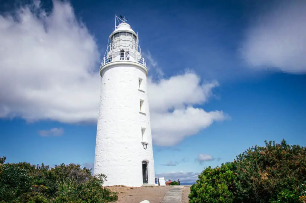 white lighthouse tower against blue sky and low green vegetation