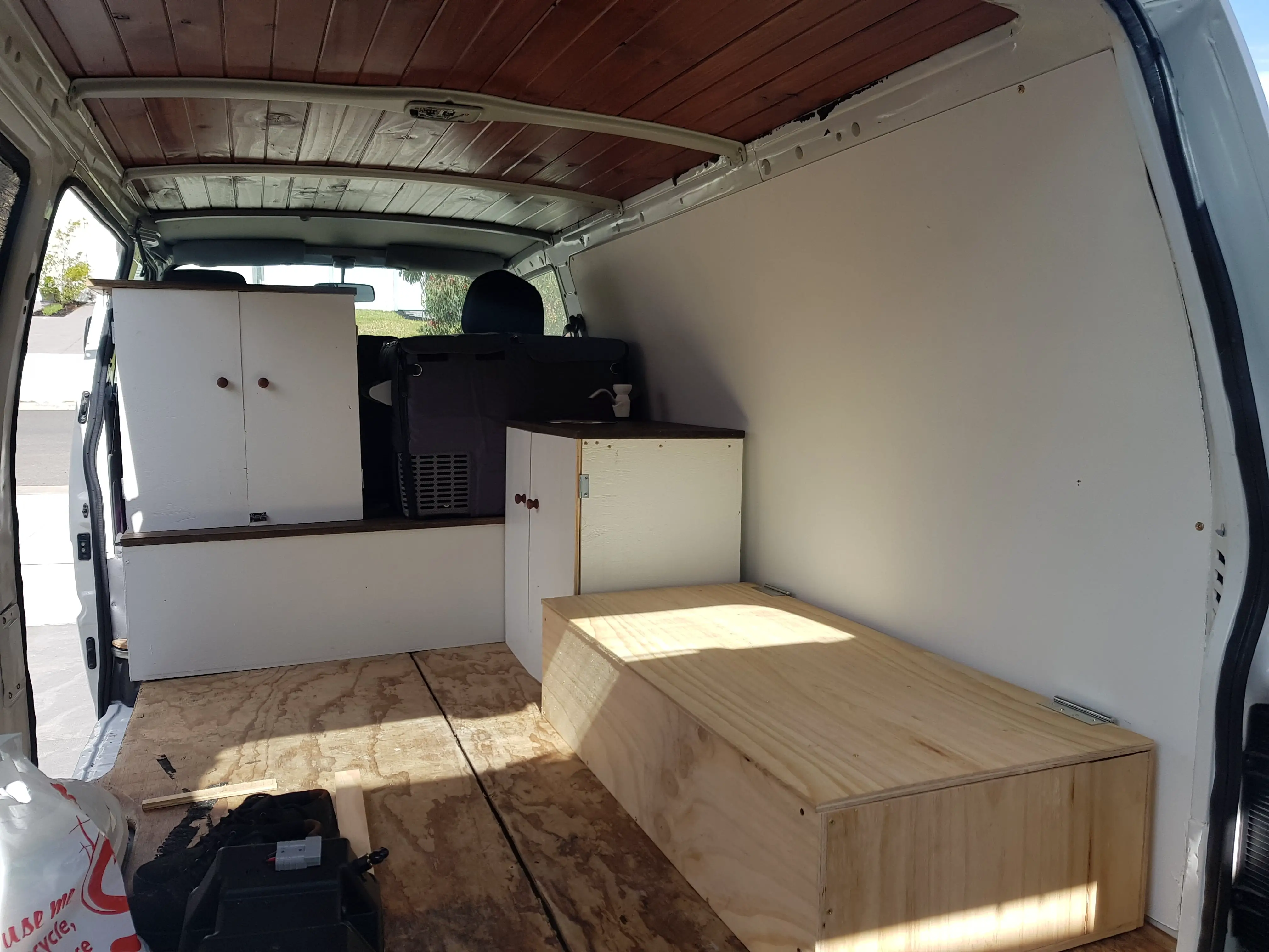 wooden cabinets in a small van